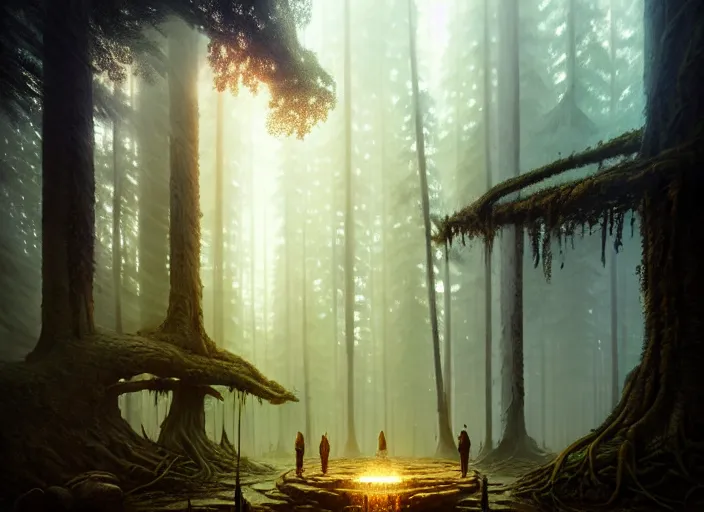 Image similar to the forest council, gods, environment, illustration, symmetrical, smoky, unreal engine, colors, epic scene, fantasy art by greg rutkowski, octane redner, golden raito, high quality, intricate details, highly details, intricate, atmosphere, highly detailed, matte painting, cinematic, deviantart, realistic, concept art, 4 k