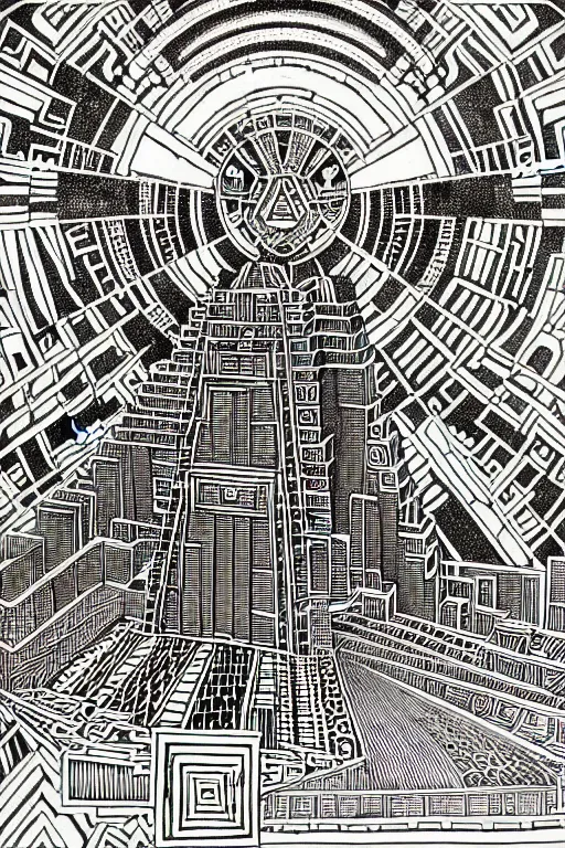 Prompt: a black and white drawing of an ancient future mayan temple mandala cityscape, a detailed mixed media collage by hiroki tsukuda and eduardo paolozzi and moebius, intricate linework, sketchbook psychedelic doodle comic drawing, geometric, street art, polycount, deconstructivism, matte drawing, academic art, constructivism