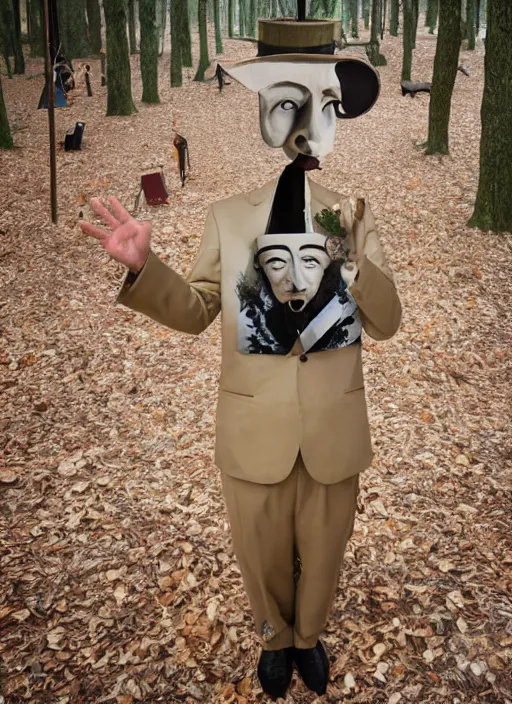 Prompt: a person wearing a Dali mask in an open forest cinema style of Wes Anderson