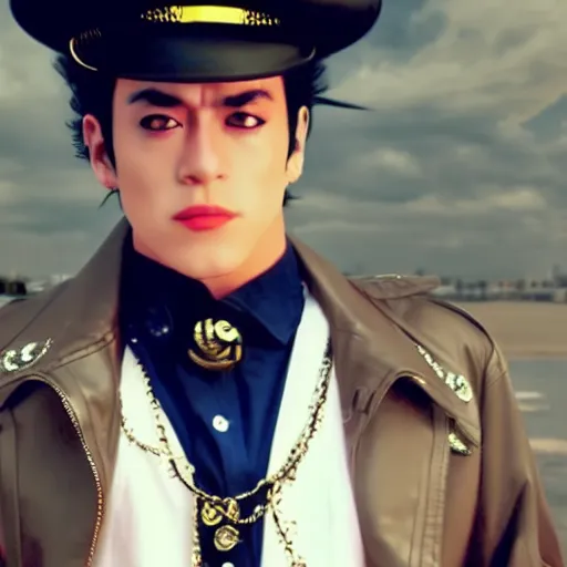 Image similar to a photograph of jotaro kujoh from a live action version of jojo's bizarre adventure, filmic, cinematographic