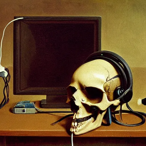 Image similar to a painting by Thomas Cole of a skull wearing headphones connected with many wires and coords to an old computer terminal, highly detailed