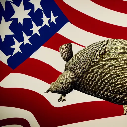 Prompt: armadillo patriot potus, modern art placed in a large living room, art designers magazine HD photo superrealism 3d 8k resolution