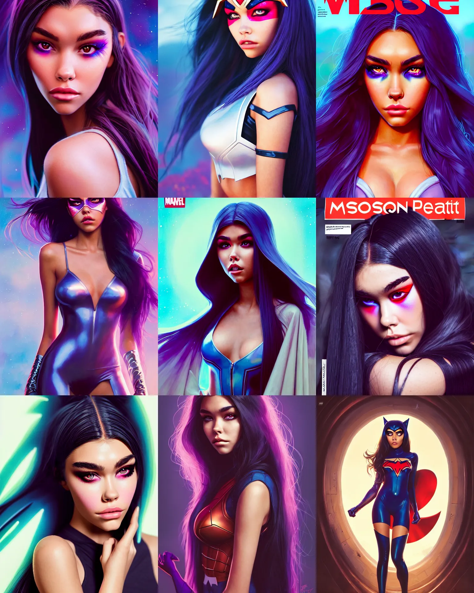 Prompt: magazine cover portrait photo of madison beer : : college woman : : as marvel hero catgirl woman by weta : : by greg rutkowski, wlop, rossdraws, artgerm, pixar, marvel, colorful rave makeup, leeloo, unreal engine, glossy skin, pearlescent, shiny, 4 k, hdr, bright morning, : :
