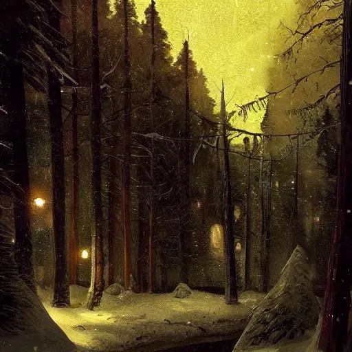 Image similar to a beautiful medieval painting of a forest in the snow at night. lot of neons. trending on artstation. a beautiful vr 3 d sci - fi painting by patrick rutkowski and thomas rutowski.