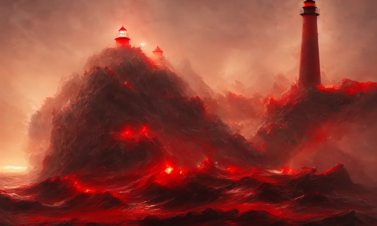 Prompt: a beautiful painting of a lighthouse shining it's light across a violent tumultuous sea of red blood by John Blanche and Greg Rutkowski, trending on Artstation, midjourney