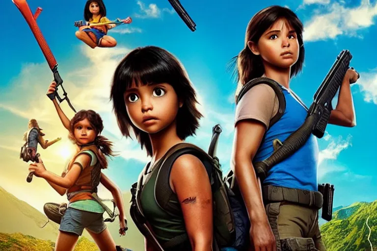 Image similar to Dora the Explorer (played by Isabela Merced) vs Lara Croft (played by Angelina Jolie), movie poster, film by James Bobin and Simon West