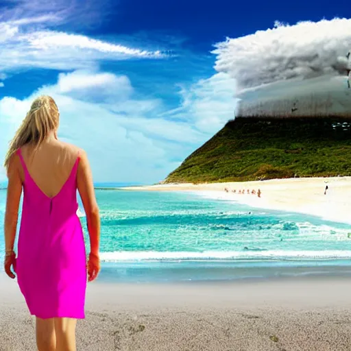 Prompt: Woman in a summery pink dress and sunglasses walking off the beach towards the point of view, digital art, blue sky with lenticular clouds