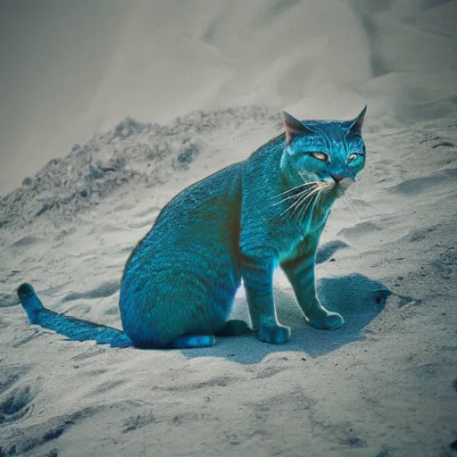 Prompt: blue cat people with green beards, beach, cinematic lighting