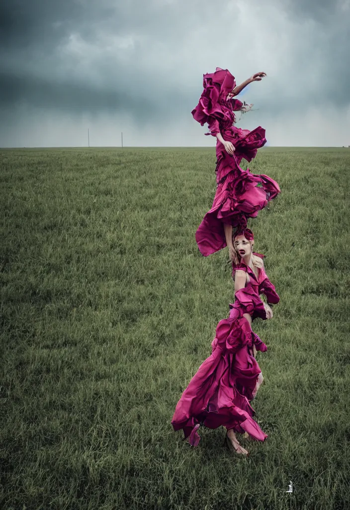 Prompt: fashion editorial in front of tornado storm on a field.