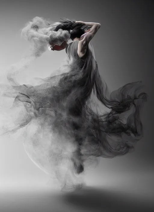 Image similar to a Photorealistic dramatic hyperrealistic render of a glamorous beautiful Female smoke dancer by Ken Brower and Deborah Ory of NYC Dance project,Lois Greenfield,Flowing cloth and smoke,Beautiful dynamic dramatic dark moody lighting,volumetric,shadows,cinematic atmosphere,Octane render,8K