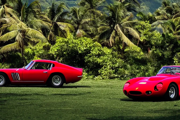 Prompt: cinematography of Ferrari 250 GTO series 2 in bora bora by Emmanuel Lubezki