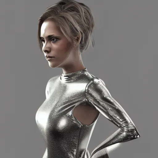 Image similar to beautiful girl in a dress made of metal foil, beautiful portrait, symmetrical, character concept style trending on artstation concept art detailed octane render cinematic photo - realistic 8 k high detailed