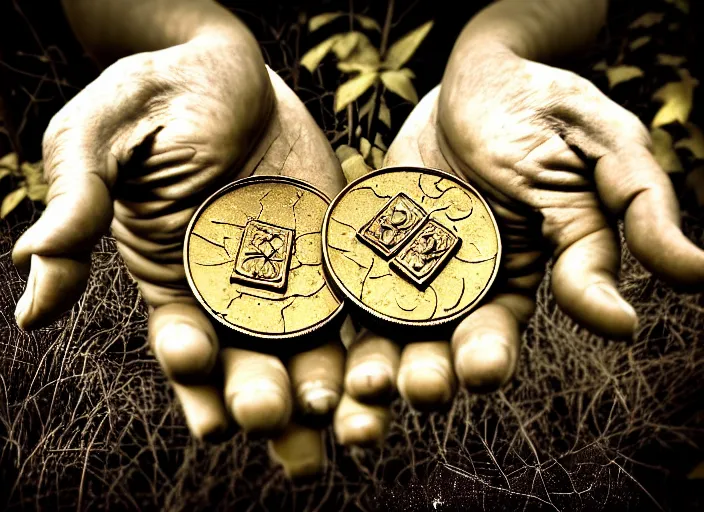 Image similar to old retro burnt out sepia photograph with scratches of an old and wrinkled hand with five fingers!! holding a few golden coins with royal engravings. magical forest in the background with bokeh. Antique. High quality 8k. Intricate. Sony a7r iv 35mm. Award winning. Zdzislaw beksinski style