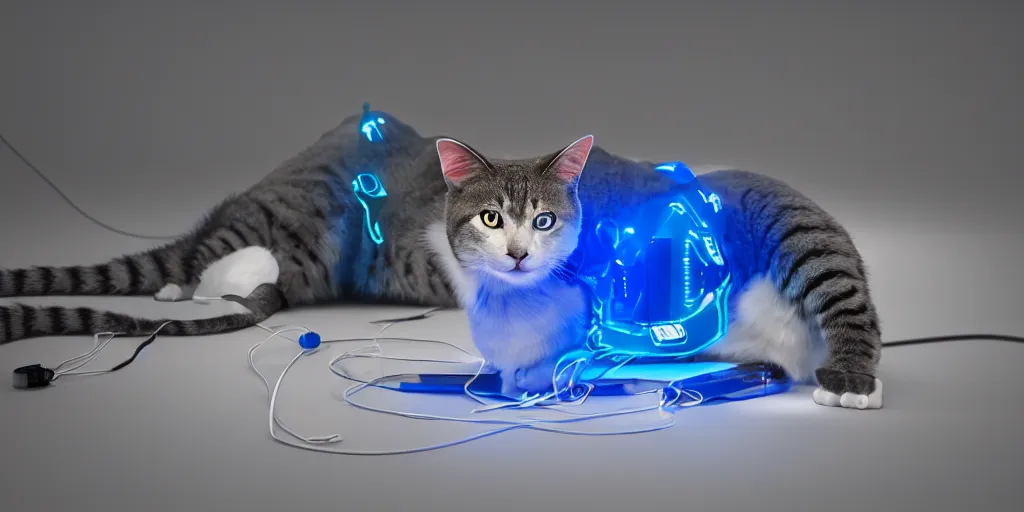 Prompt: a modern cybernetic cat, on the floor made from porcelain and steel, insane reflexions, glowing blue lights, pastel colored, daylight, peaceful, 8 k, octane render