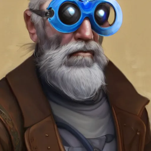 Image similar to a front-facing portrait of an old man with a grey beard and blue hair wearing steampunk goggles, dungeons and dragons character art, highly-detailed illustration, Artstation