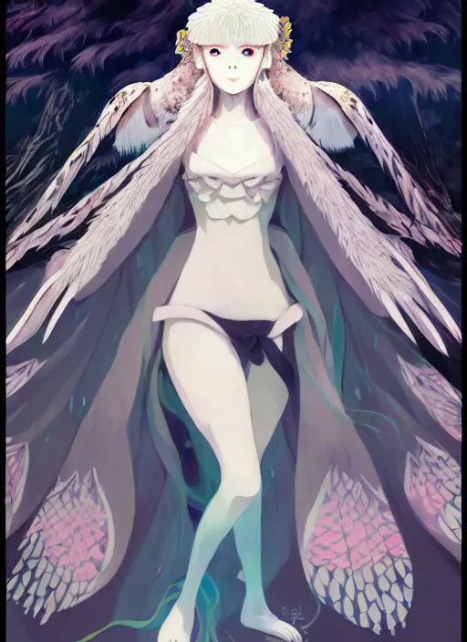 Prompt: full body portrait goddess of the owls in feathered robe, humanoid, forest ritual, throne, Hiroyuki Imaishi, concept art, Kyoto animation,last exile, blue submarine no. 6,loish, murata range, kawaii, yoshitaka amano, studio lighting, manga, bright colors, beautiful, 28mm lens, vibrant high contrast, gradation, jean giraud, fantasy, rule of thirds, fibonacci, intricate, detailed, flat, matte print, sharp, gustav klimt, makoto shinkai, Ilya Kuvshinov, soft eyes