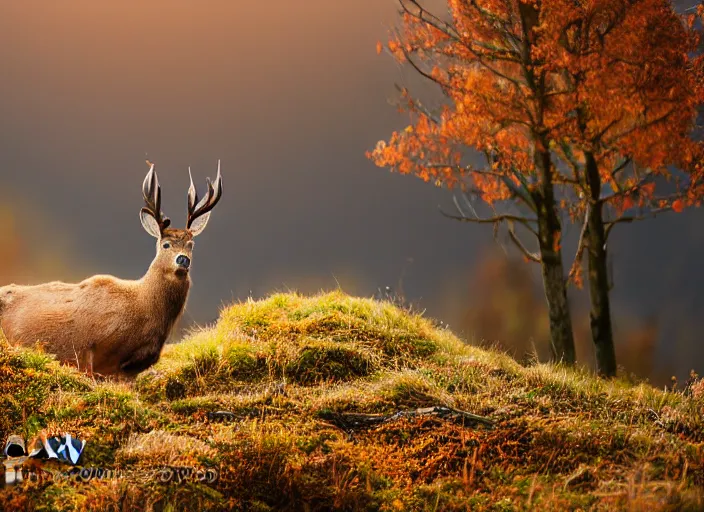 Prompt: photograph of red deer on a mountain, autumn, wildlife photography, award winning, canon, soft lighting, sony, nikon, 4 k, hd, bokeh