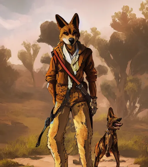 Prompt: stylized 3 / 4 portrait concept art of the anthro anthropomorphic dingo dog head animal person fursona wearing clothes adventurer standing in australia outback, hidari, color page, tankoban, 4 k, tone mapping, akihiko yoshida, greg rutowski, yoji shinkawa