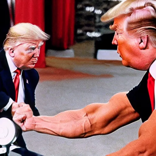 Image similar to trump pumping iron with Arnold wearing short shorts