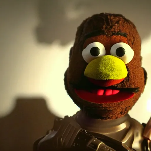 Image similar to kanye west muppet muppet in gears of war, splash art, movie still, detailed face, photorealistic facial features, cinematic lighting, dramatic, octane render, long lens, shallow depth of field, bokeh, anamorphic lens flare, 8 k, hyper detailed, 3 5 mm film grain