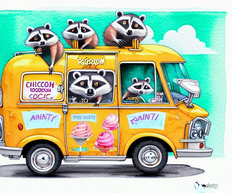 Image similar to cute and funny, racoon riding in a tiny ice cream truck with an oversized engine, ratfink style by ed roth, centered award winning watercolor pen illustration, isometric illustration by chihiro iwasaki, edited by range murata, tiny details by artgerm and watercolor girl, symmetrically isometrically centered, sharply focused