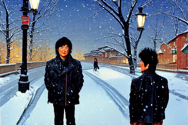 Image similar to beautiful snow - covered victor tsoi korean from back standing on alley with street lamps in park with pines to the horizon, dressed in short leather jacket, snowfall at night, 1 9 8 0 s mullet haircut, black hairs, half - length portrait, perfect symmetrical eyes, cinematic by norman rockwell, painting, digital art, detailed, hyperrealism, igla