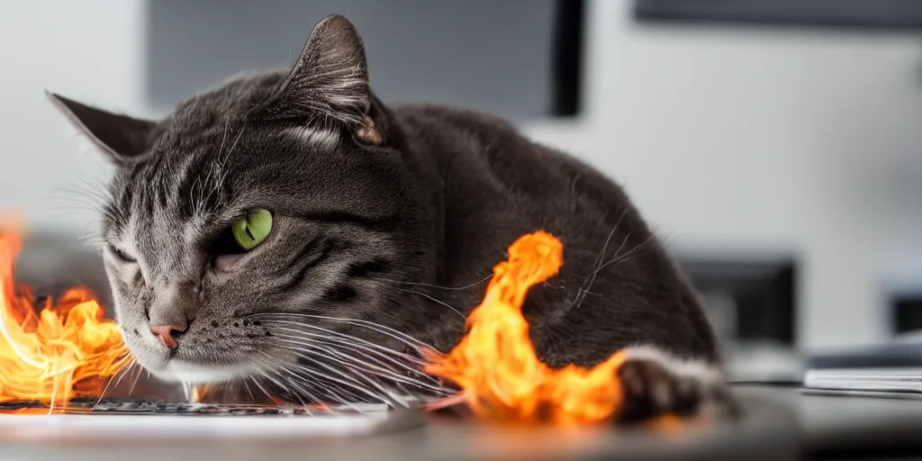 Prompt: photo of a angry cat breathing fire at a computer in an office