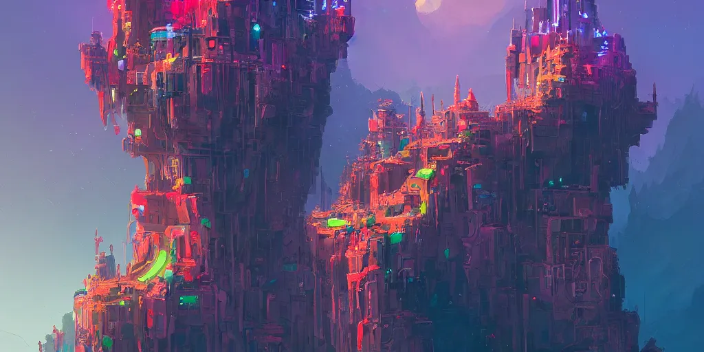 Image similar to Cyberpunk Mountain Temple, by Anton Fadeev and Joe Fenton