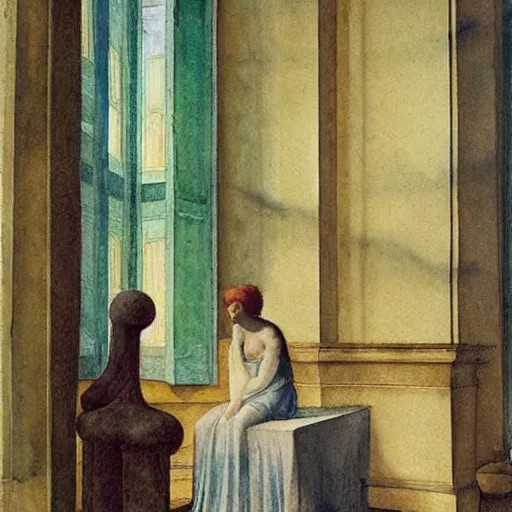 Prompt: a goddess in a liminal room, watercolor by leon battista alberti, limited color palette, very intricate, art nouveau, highly detailed, lights by hopper, soft pastel colors, minimalist