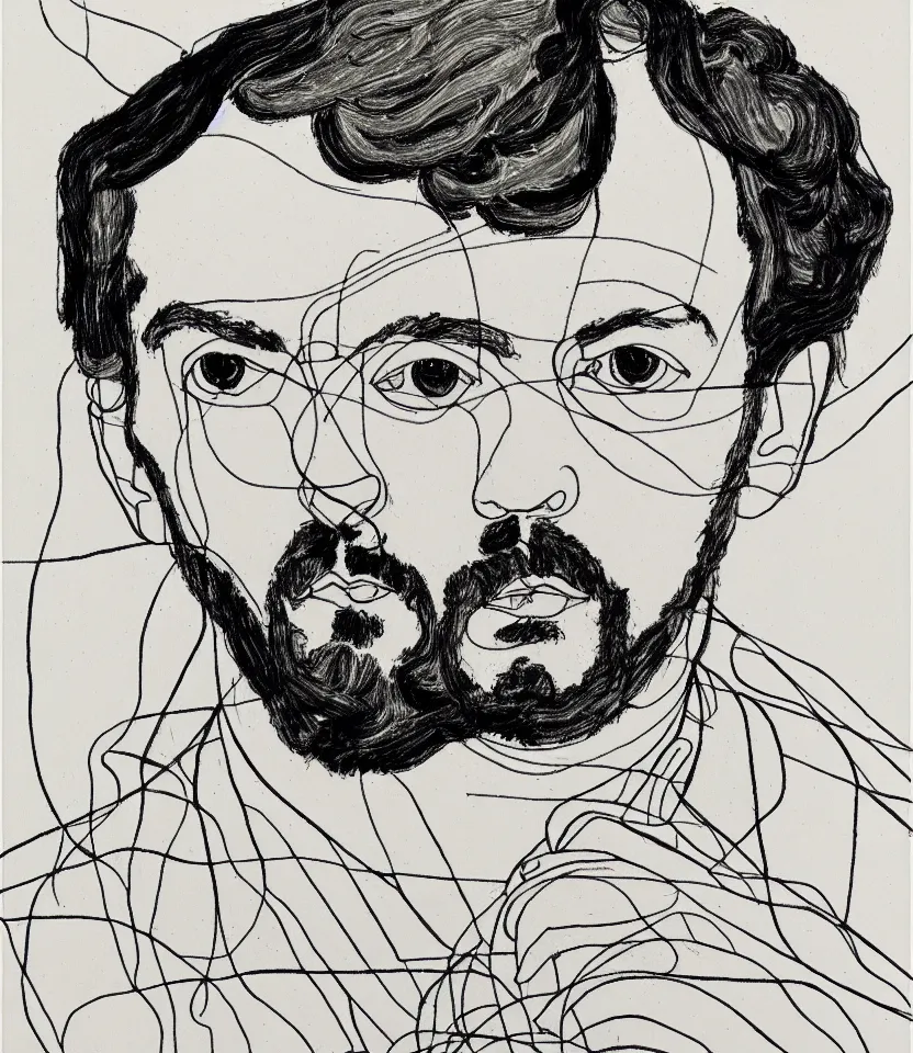 Image similar to elegant line art portrait of claude debussy. inspired by egon schiele. contour lines, musicality, twirls and curves, strong personality