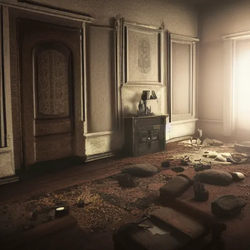 Prompt: room of a dark mansion, objects from ritual in the ground, unreal engine, octane render, pbr