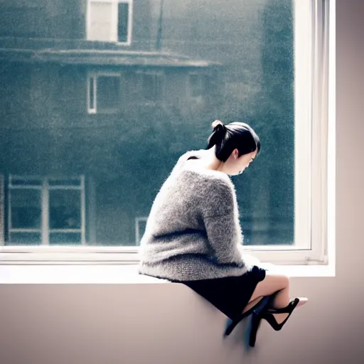 Image similar to a woman sitting on a window sill looking out the window, hands on cheeks, grey sweater, a stock photo by chen jiru, tumblr, aestheticism, movie still, pretty, pixiv