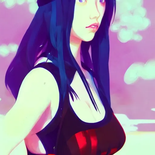 Image similar to a beautiful japanese billie eilish kat dennings alluring instagram model in elaborate latex tank top, by guweiz and wlop and ilya kuvshinov and artgerm and makoto shinkai and studio ghibli, symmetrical eyes, aesthetic, gorgeous, stunning, alluring, attractive, artstation, deviantart, pinterest, digital art