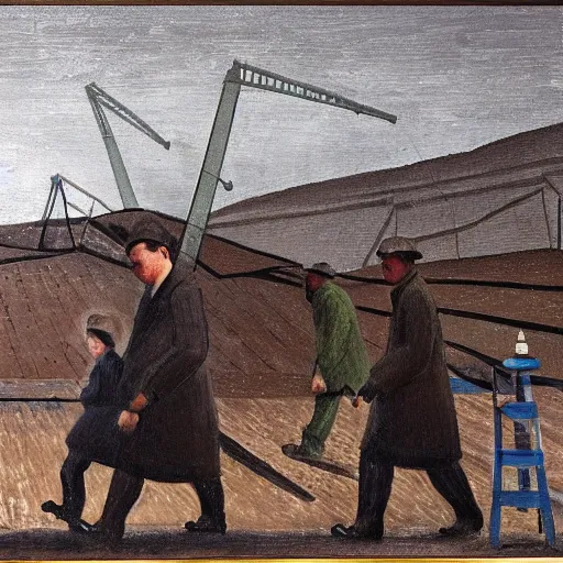 Image similar to painting of david cameron working in the coal mines, painted by laurence stephen lowry, oil on canvas, national gallery