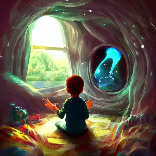 Image similar to A child discovering his room can open a portal to another dimension, digital art, trending on artstation, high details