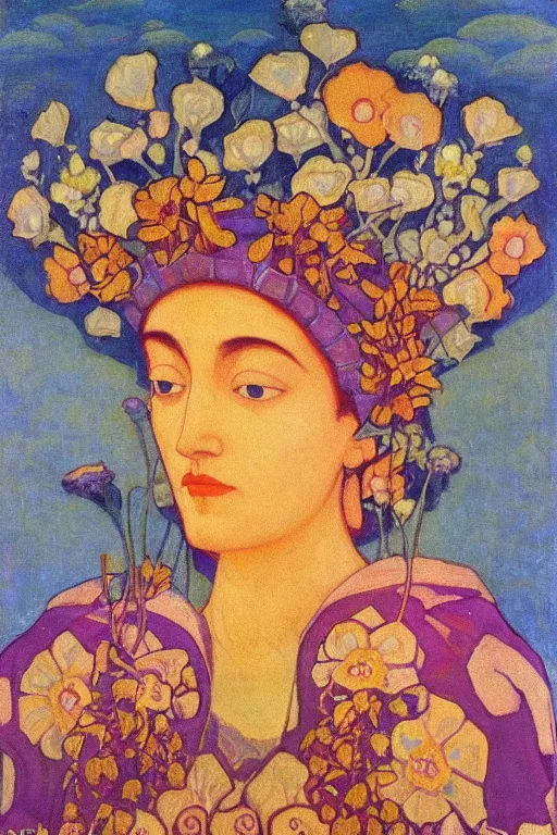 Image similar to queen of flowers, by Nicholas Roerich and Annie Swynnerton and Diego Rivera, dramatic cinematic lighting , ornate headdress , flowing robes, sacred artifacts, lost civilizations, smooth, sharp focus, extremely detailed