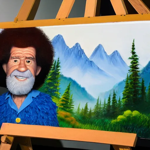 Prompt: a closeup photorealistic photograph of bob ross working on a canvas painting of cookie monster. film still. brightly lit scene. mountains and trees. this 4 k hd image is trending on artstation, featured on behance, well - rendered, extra crisp, features intricate detail, epic composition and the style of unreal engine.