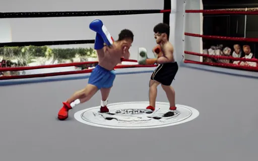 Prompt: boxing match, ko monent, hyperrealistic, 3D render, artstasion trends