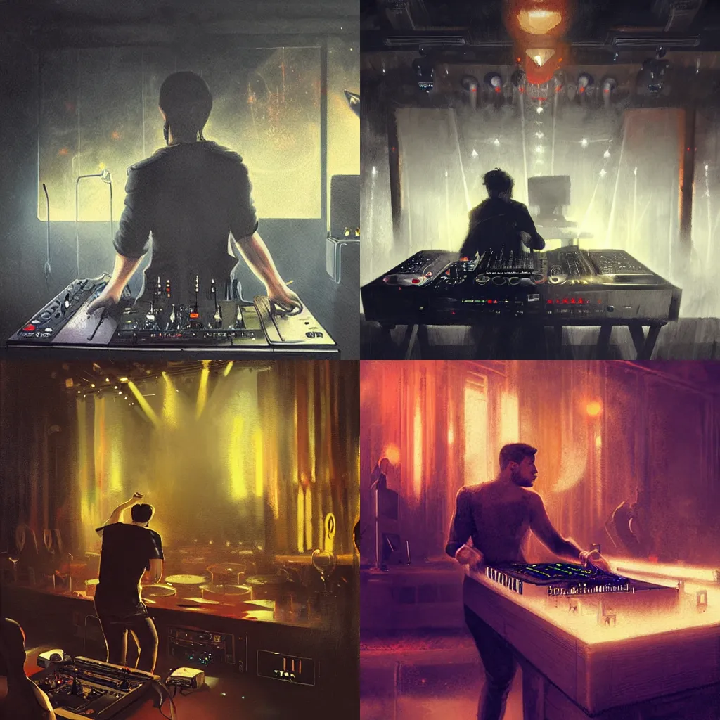 Prompt: an alsatian dj in a nightclub, artwork by greg rutkowski