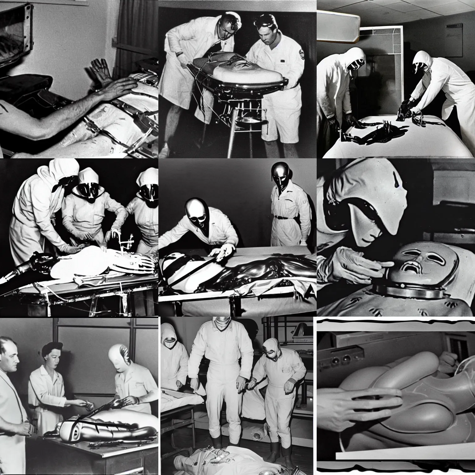 Prompt: lost archival film footage alien autopsy roswell new mexico 1 9 4 7