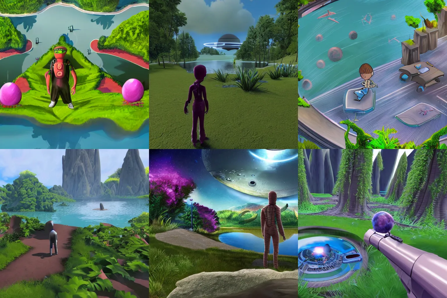 Prompt: 2.5D third person view, in a park and next to a lake, in a small town on an alien planet, with strange alien plants and flowers, from a space themed Serria point and click 2D graphic adventure game, made in 2019, high quality graphics