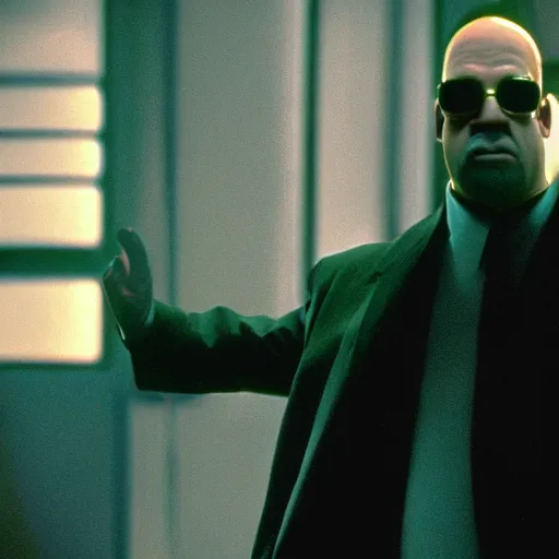 Image similar to A high res cinematic film still of Homer Simpson in the movie The Matrix.