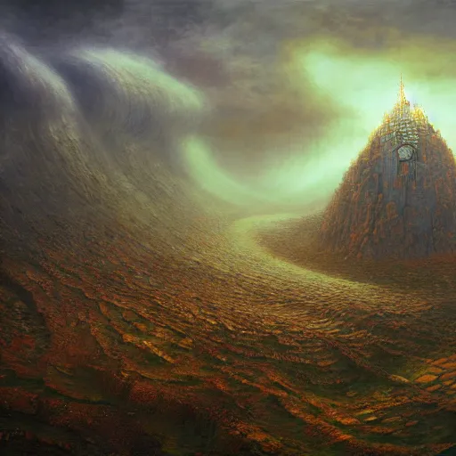 Image similar to the valley of ashes, by Mariusz Lewandowski, Remedios Varo, Tomasz Alen Kopera, Shaun Tan, Andrew Ferez,, dramatic lighting