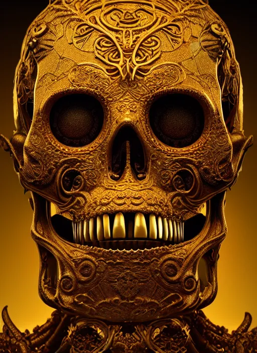 Prompt: a highly detailed photographic render of chthonic intricately carved golden sugar skull, intricate golden ornament, gilding, horror, dark fantasy, beautifully lit, ray traced, octane 3D render in the style of Gerald Brom and James Gurney Ayami Kojima, Beksinski, Giger