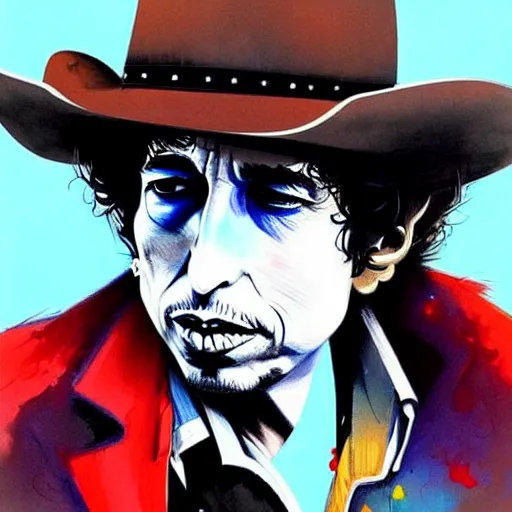Prompt: an ultradetailed painting of bob dylan wearing a cowboy hat and smirking by conrad roset, greg rutkowski and makoto shinkai trending on artstation