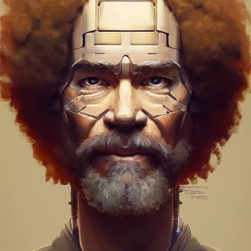 Image similar to concept portrait of cyborg bob ross intricate, elegant, highly detailed, my rendition, digital painting, artstation, concept art, smooth, sharp focus, illustration, art by greg rutkowski and alphonse mucha and uang guangjian and gil elvgren and sachin teng, symmetry!!