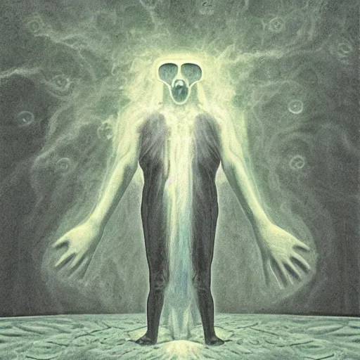 Image similar to minds reaching quantum divinity as a ghost in the god machine surrealism