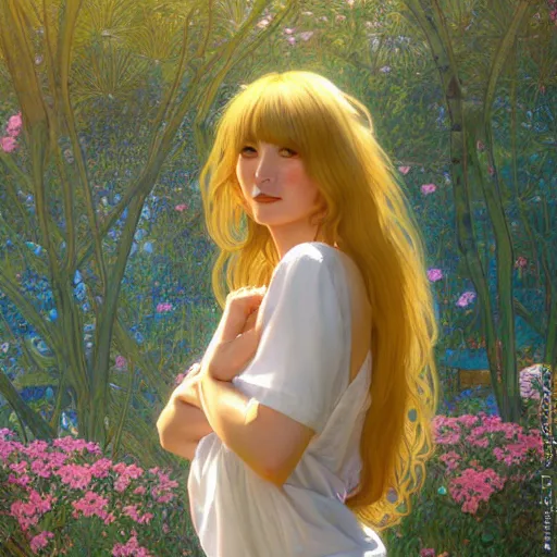 Prompt: A young woman with blonde long hair and bangs in shorts and white shirt drawn by Robert McGinnis and Julie Bell and Zeronis and alphonse mucha, background by James Jean and gustav klimt, 4k, sunny day, volumetric lighting, french nouveau, trending on artstation, octane render, hyperrealistic