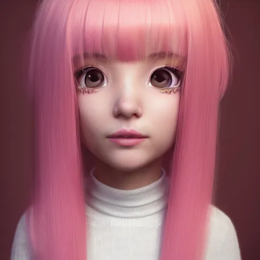 Image similar to A portrait of Nikki from Shining Nikki and Love, a cute 3d cgi toon young woman with long light pink hair, full bangs, hazel eyes, full face, light makeup, pale skin, Chinese heritage, cute outfit, medium shot, mid-shot, hyperdetailed, 8k, trending on artstation, as a Pixar character