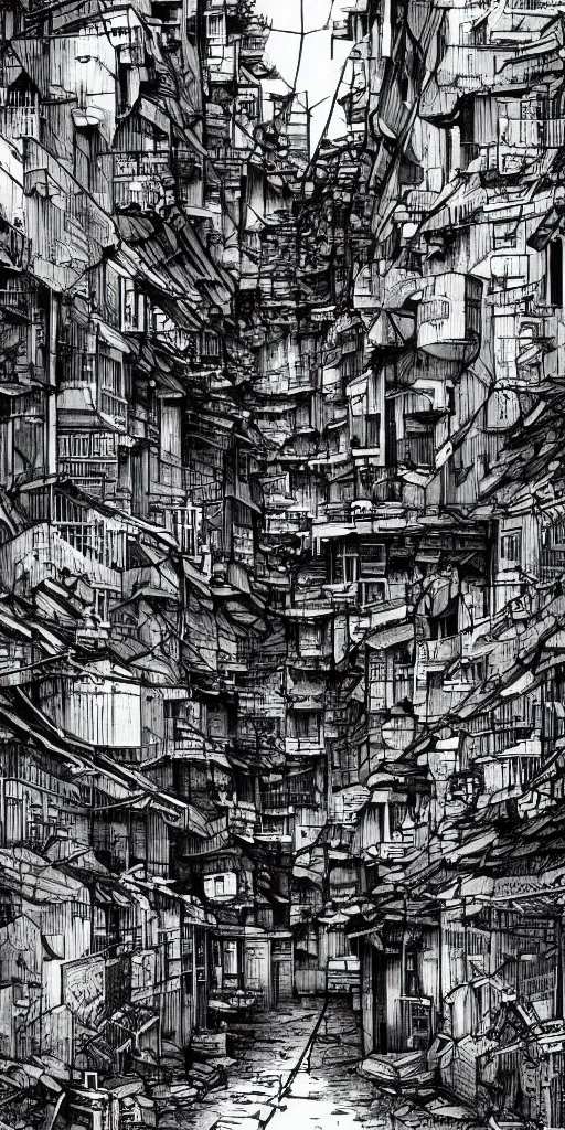 Prompt: abandoned old alleys in hong kong, epic vines, illustration by niko delort, black and white ink